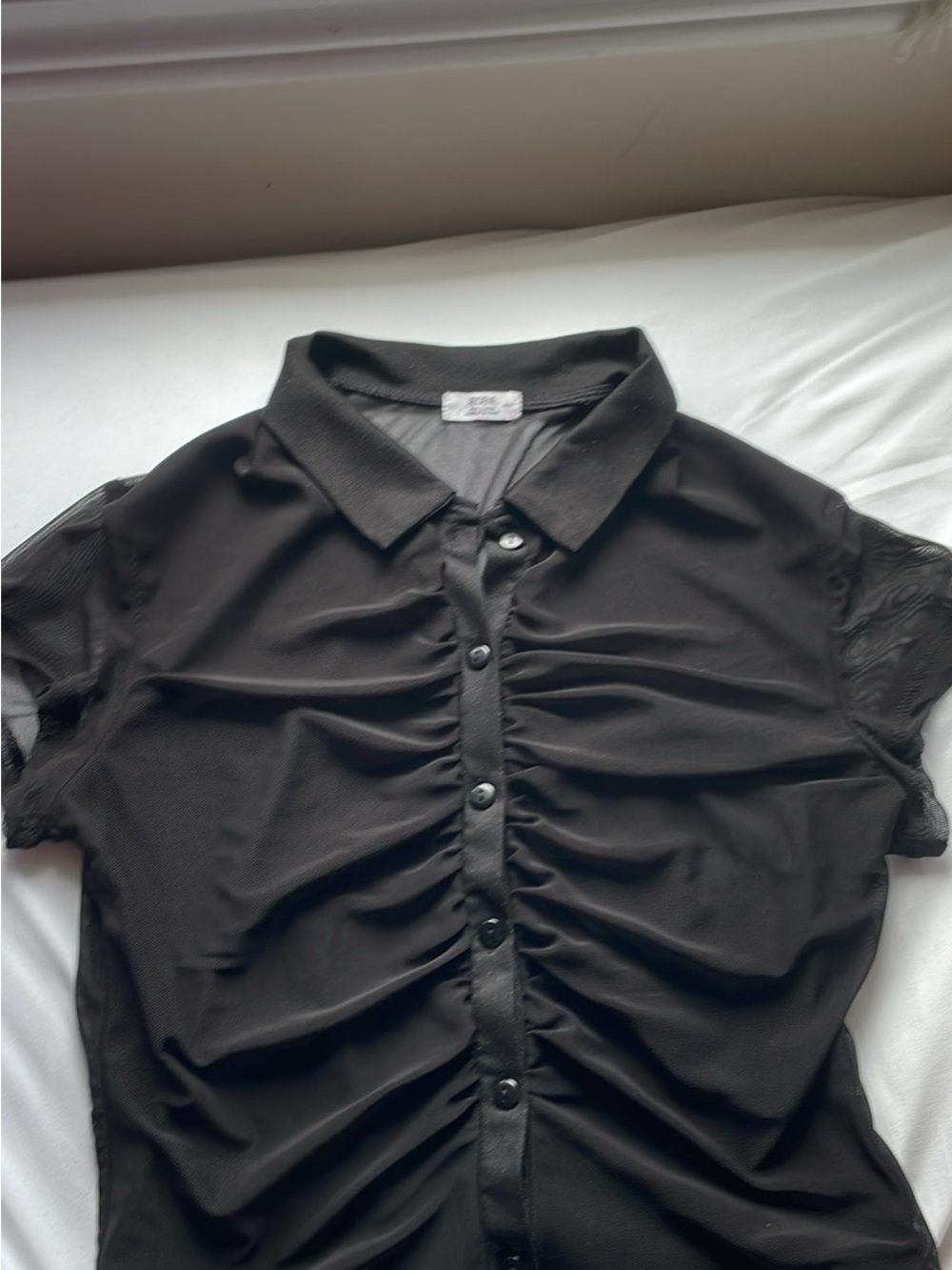 Black Ruched Button-Up Polo Top